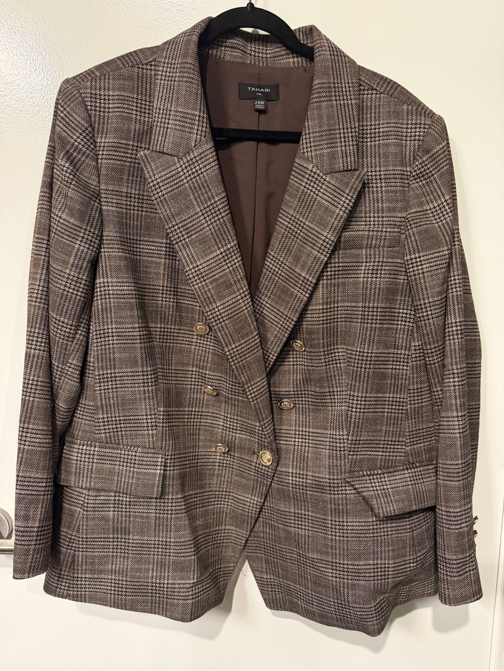 Tahari Brown Plaid Double-Breasted Sport Coat with Gold Buttons